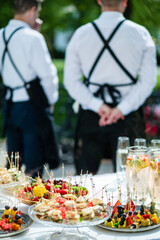 Two waiters stand ready to serve exquisite small dishes amidst a lively outdoor gathering