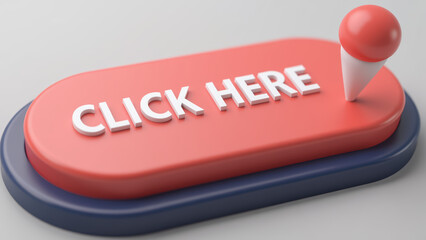 Vibrant red button with text CLICK HERE prominently displayed, featuring white pointer on top, set against smooth gray background