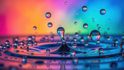 Obraz premium Vibrant water droplets create mesmerizing display against colorful background, showcasing beauty of nature elements