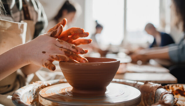 Hands shape clay on a spinning wheel in a bright studio. Creative process, art, craft, skill, workshop concept. Ideal for design, pottery, hobby themes. - Powered by Adobe