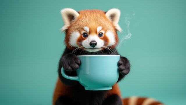 Cute red panda holding teal cup, steam rising, against mint green background. This adorable scene evokes warmth and joy