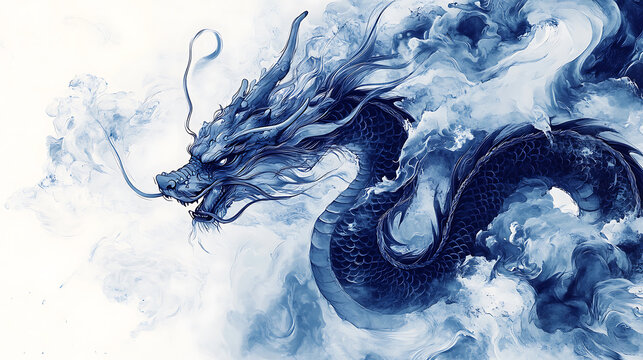 Korean ink wash dragon swirling gracefully through glowing drifting light.