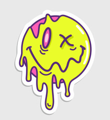 Melting smile. Melt emotions vector illustration. Funny psychedelic surreal techno melt smile face logo. Dripping smile. Good mood. Positive. Molten. Sad face. Face symbol.