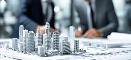 Architects in a meeting over architectural plans with a building model on the table