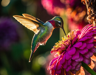 Fototapeta premium Detailed shot of a hummingbird feeding on a vibrant pink flower. Excellent for themes of nature, wildlife, beauty, and springtime. Evokes feelings of joy and wonder.