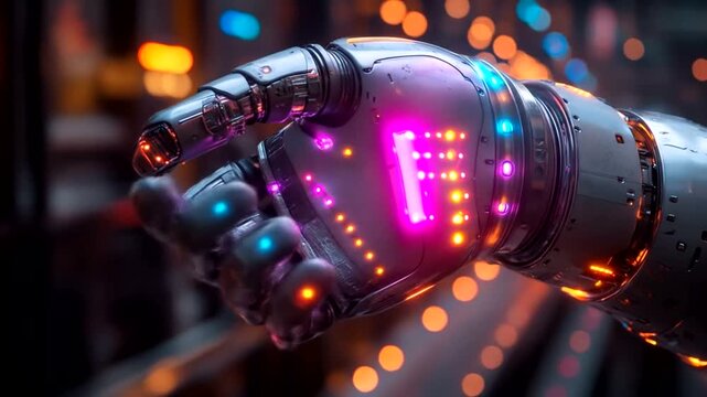 Futuristic metal hand displays glowing initial