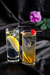 Two stylish cocktails sit on a dark fabric, featuring bright garnishes and a touch of elegance