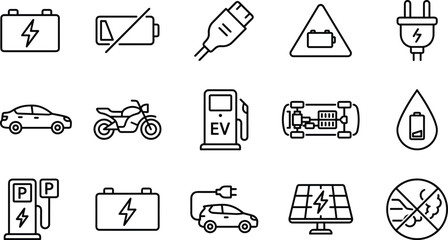 Electric vehicle and clean energy icons showcasing EV charging, batteries, eco-friendly transport, solar power, and sustainable mobility elements in modern line style
