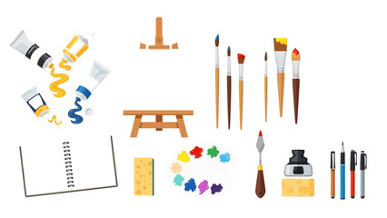 Art supplies: paint tubes, brushes, easel, palette, sponge, ink, pens, and sketchbook.