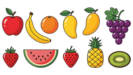 Illustration of various fruits including apples, bananas, oranges, mangoes, grapes, strawberries, watermelon, pineapple, and kiwi.