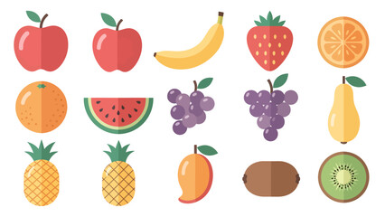 Flat vector illustration of various fruits including apples, bananas, grapes, and pineapples.