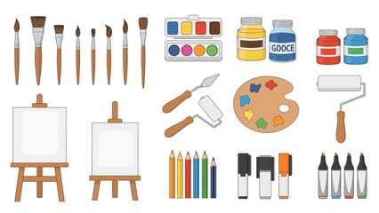 Painting and drawing supplies: brushes, paints, palette, canvas, markers, pencils, and rollers.