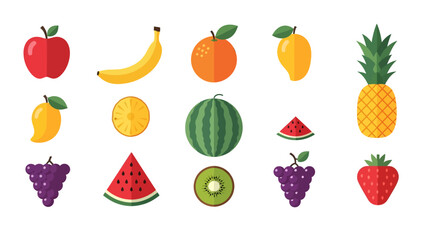 Illustration of various fruits including apples, bananas, grapes, and watermelon.