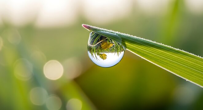 Macro View of Dew on Grass Reflecting Natural Scene