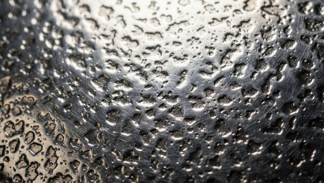 A close-up of a metallic surface with water droplets, reflecting light and creating a textured pattern.