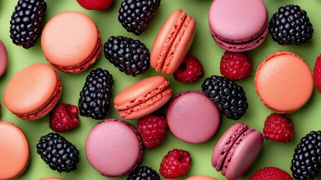 Assortment of pink and orange French macarons scattered with fresh blackberries and vibrant red raspberries