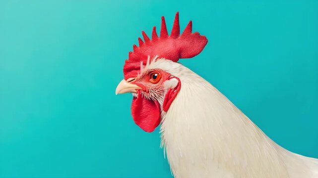 Close up portrait of a white rooster with bright red comb and wattle against a vibrant cyan background
