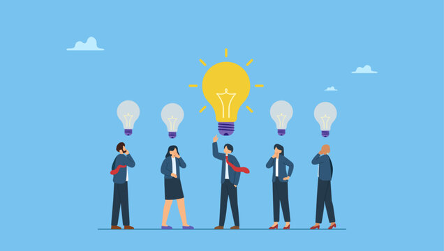 Businessman with bright lightbulb. Solution expert solving problem or leader giving advise in meeting discussion, thinking for solution, creativity or professional to help, eureka moment.
