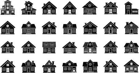 Naklejka premium Black-and-white house icon set, diverse residential architecture styles, roof and window variations, urban planning vector illustration