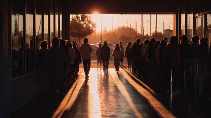 Long Black Friday line at store entrance during sunrise
