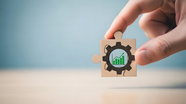 Hand placing a puzzle piece with a gear and growth chart