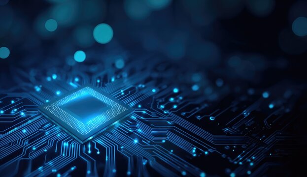 Glowing digital circuit board with a central processor unit, futuristic, blue hues and blurred lights - Powered by Adobe
