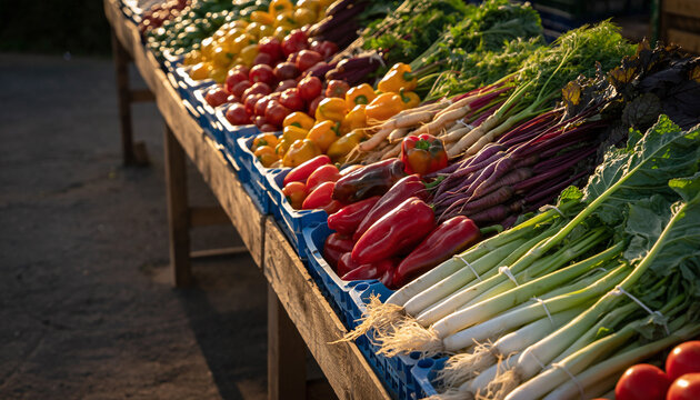 Fresh harvest display overflowing with vibrant produce. Concept for healthy eating, local market, and seasonal abundance. Warm light, perfect for food blog or health campaign. - Powered by Adobe