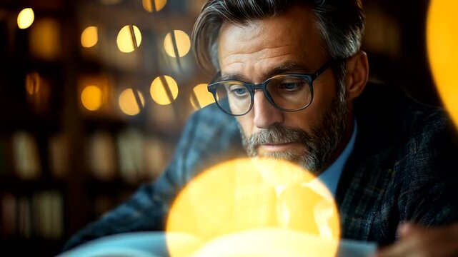 Thoughtful man reading warm cozy setting