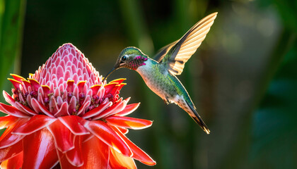 Fototapeta premium Vibrant hummingbird feeding on a bright red tropical flower, wings backlit in golden light. Symbol of nature, speed, and beauty. Ideal for conservation or floral themes.