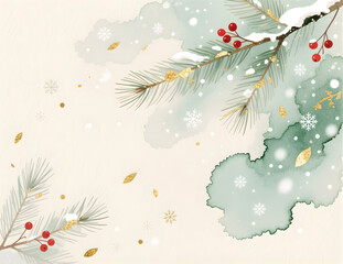 A delicate watercolor illustration of snow-dusted pine branches with red berries and golden accents, against a soft, wintry background with falling snowflakes