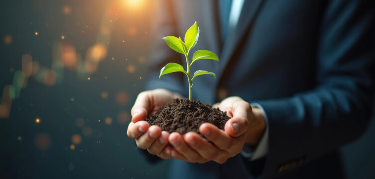 Businessman hold plant in hands symbolizing growth. Person in suit keeps sprout of plant. Concept of business development future investment sustainability eco friendly growth. - Powered by Adobe