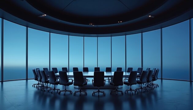 Empty modern meeting room with round table, chairs. Panoramic windows overlook blue horizon. Space suitable for corporate conference meeting, business presentation event. Design clean, minimalist.