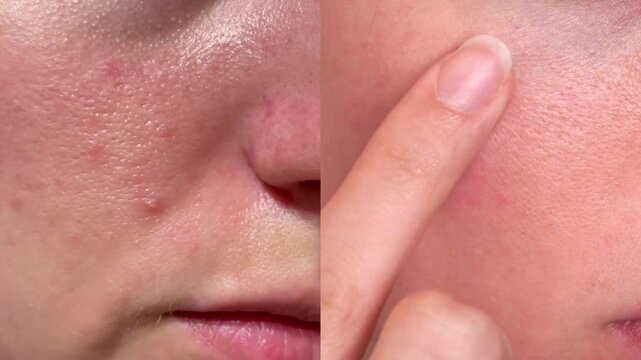 Detailed macro of facial skin texture, pores and redness with finger touching the cheek. Ideal for skincare brands, dermatology content, beauty product ads and real skin comparison visuals.