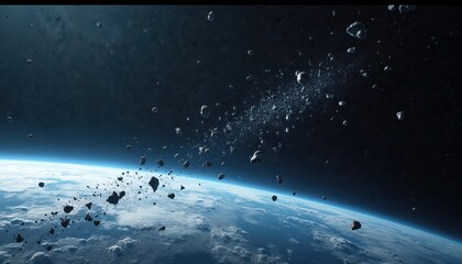 Space debris, cosmic rocks orbit blue planet Earth. Countless fragments swirl near atmosphere horizon, forming hazardous band. Scene illustrates space pollution problem, potential collision risk,