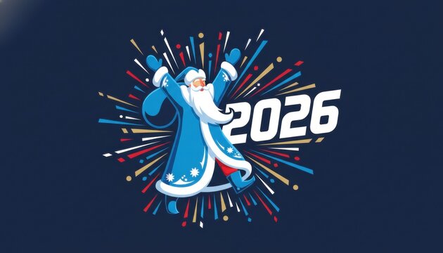 Festive Ded Moroz Celebrating 2026 New Year with Confetti Bursts, Vibrant Illustration, Generative AI
