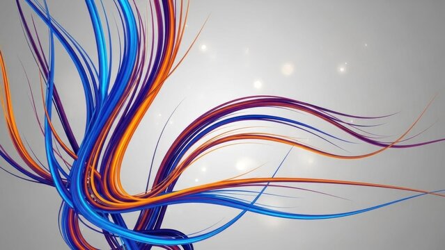 A colorful abstract design with blue, orange, and purple lines and sparkles on a gray background. - Powered by Adobe
