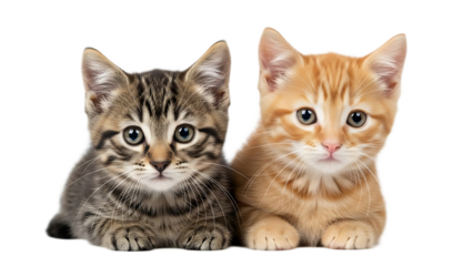 Two adorable kittens posing side by side with a tabby and orange kitten looking at the viewer