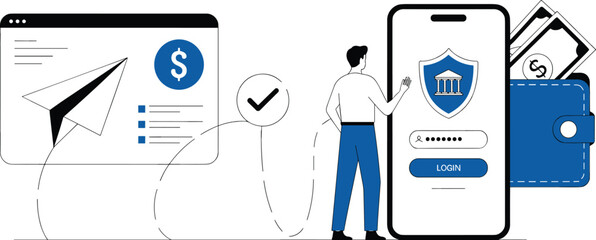 Secure Mobile Banking and Digital Transaction Vector Illustration with User Logging In, Security Shield, Payment Confirmation, and Money Transfer Concept.