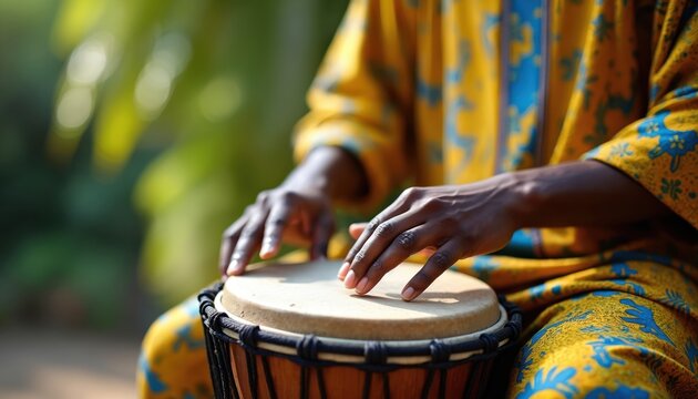 African man plays djembe drum with skill. Wears vibrant traditional yellow, blue clothing outdoors. Dark hands hit percussion instrument creating rich, rhythmic beat. Performance authentic African