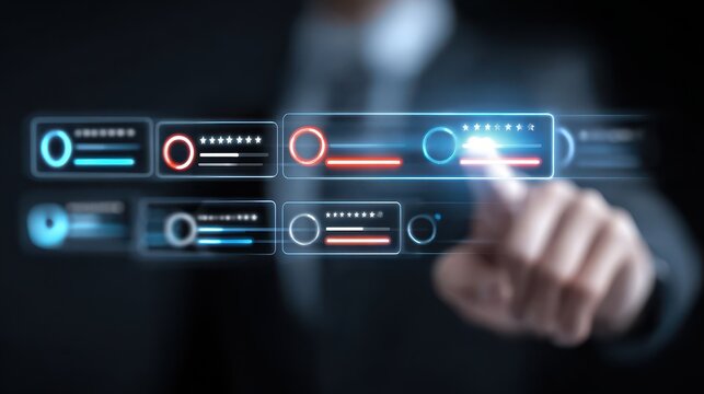 A futuristic dashboard where satisfaction boosts retention through a trusted guarantee while reviews integrate feedback lifting ratings beside a thumb