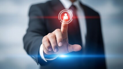 Businessman touches glowing digital security icon on futuristic interface