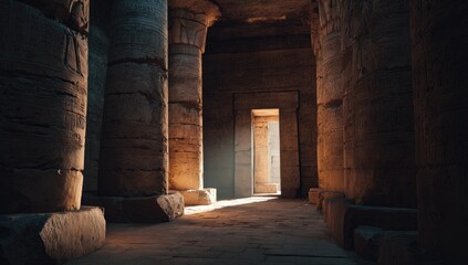 Interior view of an ancient stone temple with massive columns and a distant doorway