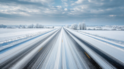 Winter scene of a vast snowy highway stretching into the horizon, surrounded by silent open fields