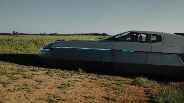 Futuristic Amphibious Vehicle Navigating Water and Land in Scenic Environment.