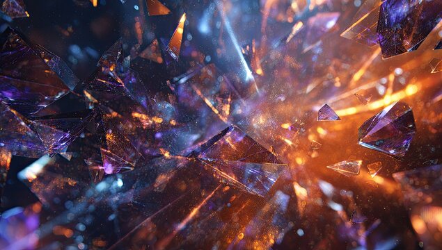 Close-up of fragmented, transparent crystals with fiery, ethereal light, creating a dynamic effect