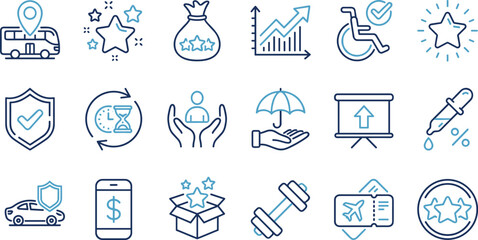 Premium service and customer satisfaction icons featuring rewards, protection, benefits, travel, finance, wellness, performance, and quality assurance in modern line style