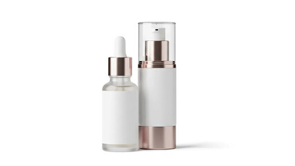 Two cosmetic serum and lotion dispenser bottles with white label and rose gold accent, isolated on white background