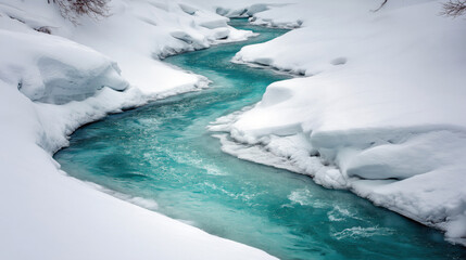 Winter scene showing a winding river of turquoise meltwater cutting through deep white snow,