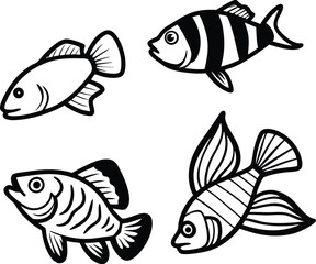 Fototapeta premium Four black and white cartoon fish illustrations animal