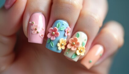 Close up photo shows hand with flower nail art design. Manicure features delicate 3D floral decorations in soft pastel colors. Springtime beauty cosmetic style presentation